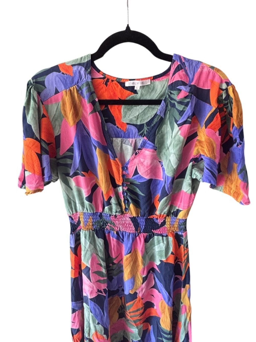 Abel The Label Tropical Floral Dress Smocked Waist Button Front Midi Dress L - Picture 2 of 6